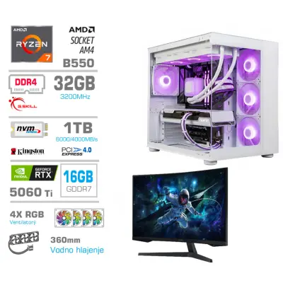Računalnik MEGA MT S5 R7-5700X/RTX5060Ti-16GB/32GB/1TB/750W/Brez OS/bela RGB | Gaming monitor Dell 27,0" 180Hz 4K