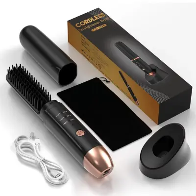Brezžična polnilna keramična krtača za ravnanje las s polnilno postajo — 3 temperature 160–200 °C, 5000 mAh, ionsko krtačenje Black