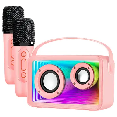 Bluetooth karaoke zvočnik za otroke z 2 mikrofonoma in RGB LED lučmi, Roza