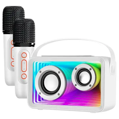 Bluetooth karaoke zvočnik za otroke z 2 mikrofonoma in RGB LED lučmi, Bela