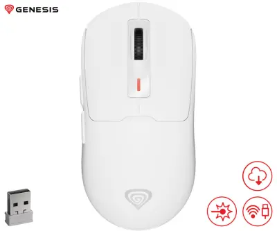 GENESIS ZIRCON 660 PRO brezžična miška, gaming / pisarniška, 26.000DPI, USB 2.4GHz / Bluetooth / USB Type-C, 6 gumbov, polnilna baterija, spomin, bela