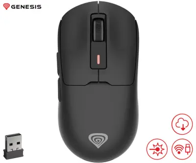 GENESIS ZIRCON 660 PRO brezžična miška, gaming / pisarniška, 26.000DPI, USB 2.4GHz / Bluetooth / USB Type-C, 6 gumbov, polnilna baterija, spomin, črna