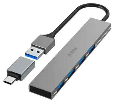 HAMA Premium USB 3.2 Hub + USB-C adapter 4x USB-A Ultra Slim 5 Gbit/s