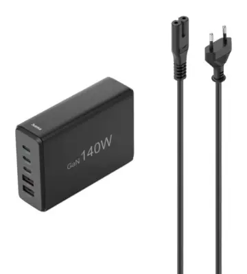 HAMA 140W stenski polnilnik 3xUSB-C 2xUSB-A QC/PD črne barve