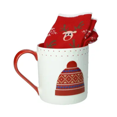 Lonček z nogavico Christmas 400ml / rdeč / porcelan, tekstil
