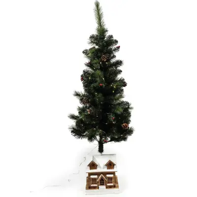 Novoletna smreka z led lučkami na podstavku hiška 50x50h140cm / plastika, les