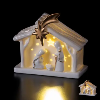 Sveta družina, jaslice z led lučko 15x7,5xh15cm / bela / keramika