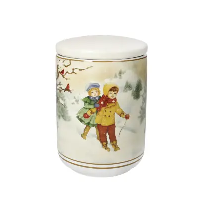Doza za shranjevanje Cuccioli 10xh14,5cm / deklica in deček rumen plašč / porcelan
