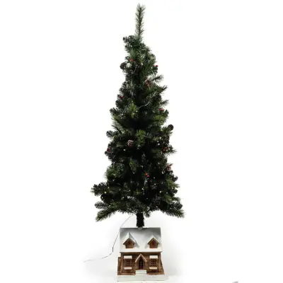 Novoletna smreka z led lučkami na podstavku hiška 60x60h175cm / plastika, les