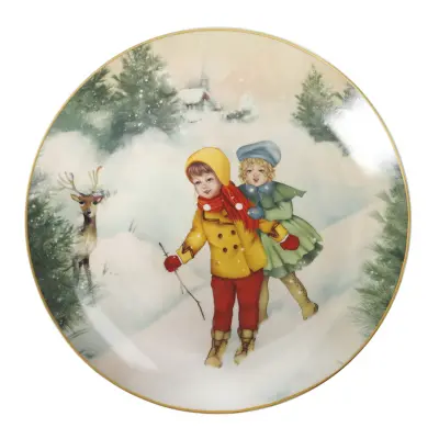 Servirni krožnik Cuccioli 30cm / deklica in deček rumen plašč / porcelan