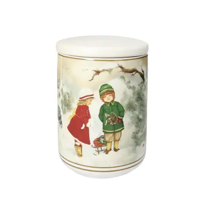 Doza za shranjevanje Cuccioli 10xh14,5cm / deklica in deček zelen plašč / porcelan