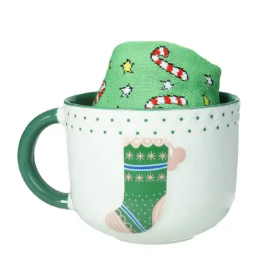 Jumbo skodelica z nogavico Christmas 400ml / zelen / porcelan, tekstil