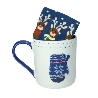 Lonček z nogavico Christmas 400ml / moder / porcelan, tekstil