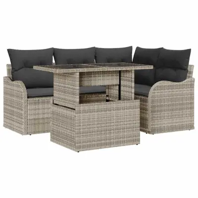 vidaXL Zunanja jedilnica z blazino 5 pcs Svetlo siva Poly ratan