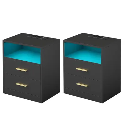 Komplet 2 nočnih omaric 30x40,1x50,2 cm črne barve z predali in LED osvetlitvijo