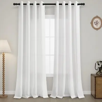 Lanene zavese polprosočne bele 140x138 cm, komplet 2 kosa, naravna tekstura lana v boho slogu za dnevno sobo in kuhinjo