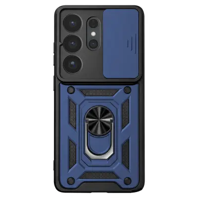 Etui za Galaxy S26 Ultra s prstanastim stojalom in drsnim pokrovčkom kamere, Nočno modra