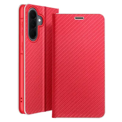 Folio etui za Galaxy A57 efekt ogljika s kovinskim okvirjem in žepkom za kartice, Rdeča