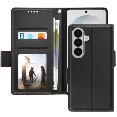 Denarnica za Galaxy S26 efekt šivanega usnja s paščkom, Črna