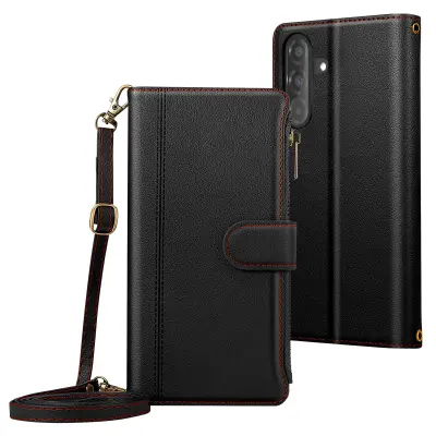 Folio etui z zadrgo za Samsung Galaxy A37 z odstranljivo naramnico, Črna