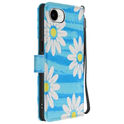 Denarnica za iPhone 17e motiv marjetic s stojalom in trakom, Modra
