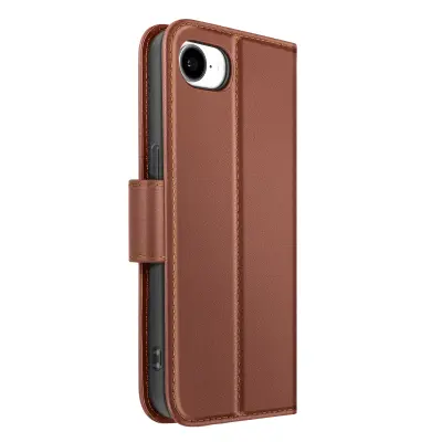Premium usnjena torbica za iPhone 17e s predalom in stojalom, Rjava