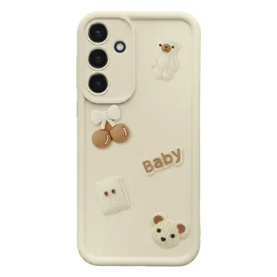 Ovitek za Galaxy S25 / S24 s 3D Kawaii Medvedki in Dvignjenim Robom, Bež