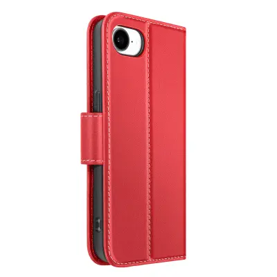 Premium usnjena torbica za iPhone 17e s predalom in stojalom, Rdeča