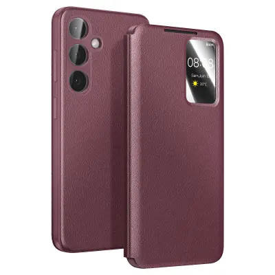 Usnjena Smart View torbica za Galaxy S26 Plus s predalom, Bordo