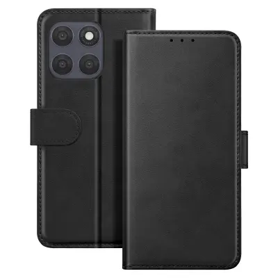 Etui za Moto G67 z usnjenim učinkom, s prostorom za kartice in funkcijo stojala, Črna