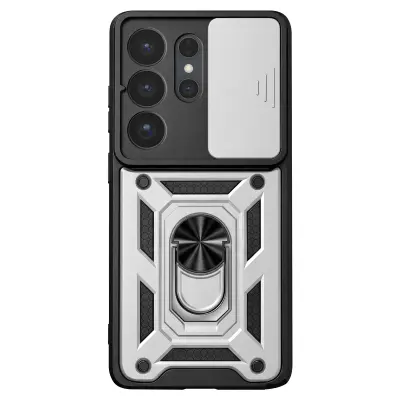 Etui za Galaxy S26 Ultra s prstanastim stojalom in drsnim pokrovčkom kamere, Srebrna