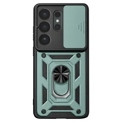 Etui za Galaxy S26 Ultra s prstanastim stojalom in drsnim pokrovčkom kamere, Zelena