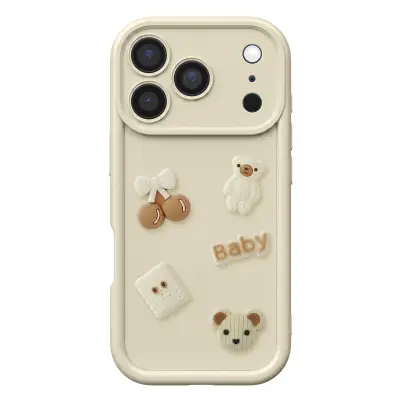 Ovitek za iPhone 17 Pro Max s 3D Kawaii Medvedki in Dvignjenim Robom, Bež