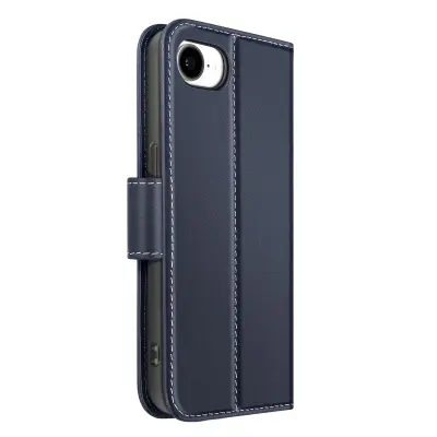 Premium usnjena torbica za iPhone 17e s predalom in stojalom, Nočno modra