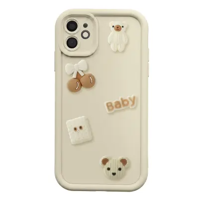 Ovitek za iPhone 12 s 3D Kawaii Medvedki in Dvignjenim Robom, Bež