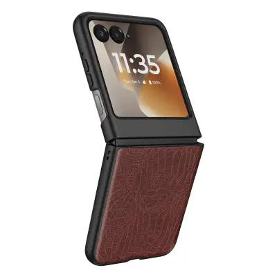 Ovitek za Motorola Razr 70 Videz Usnja Krokodil Odprt Zaslon, Rjava
