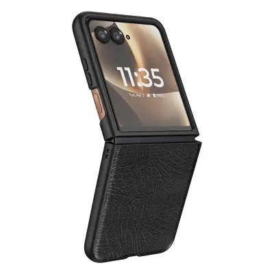 Ovitek za Motorola Razr 70 Ultra Videz Usnja Krokodil Odprt Zaslon, Črna
