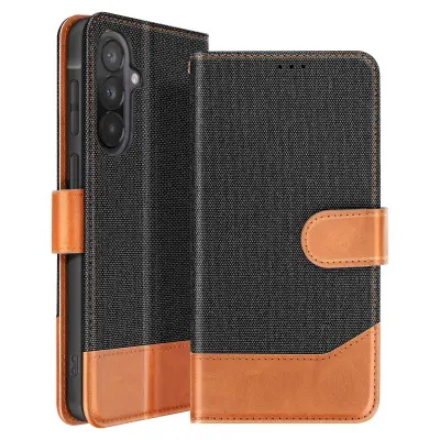 Folio etui Galaxy A57 karbonski z režo za kartico, Črna / Oranžna
