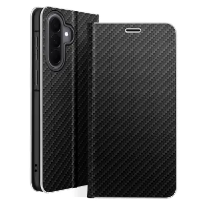 Folio etui za Galaxy A57 efekt ogljika s kovinskim okvirjem in žepkom za kartice, Črna