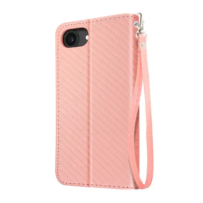 Preklopni etui za iPhone 17e videz karbona z držalom za kartice in stojalom, Roza