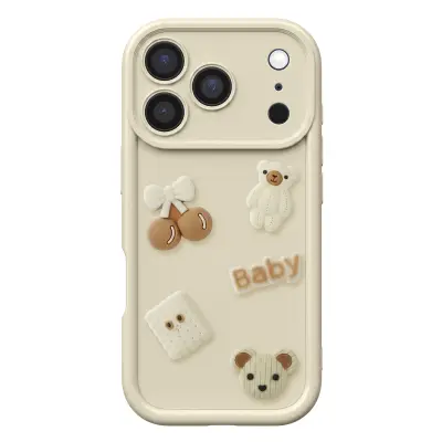 Ovitek za iPhone 17 Pro s 3D Kawaii Medvedki in Dvignjenim Robom, Bež