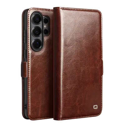 Qialino, Vintage denarnica etui Galaxy S26 Ultra, video stojalo, Rjava