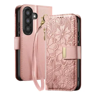 Denarnica za Galaxy A37 cvetlični motiv z zadrgo, Roza
