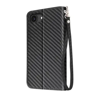 Preklopni etui za iPhone 17e videz karbona z držalom za kartice in stojalom, Črna