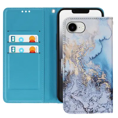 Denarnica za iPhone 17e motiv oceanskega marmorja s stojalom in trakom, Modra