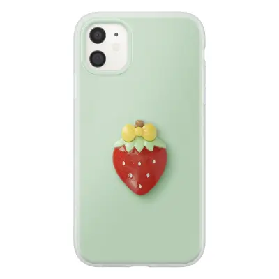 Ovitek za iPhone 11 s 3D motivom jagode in dvignjenim robom, Zelena