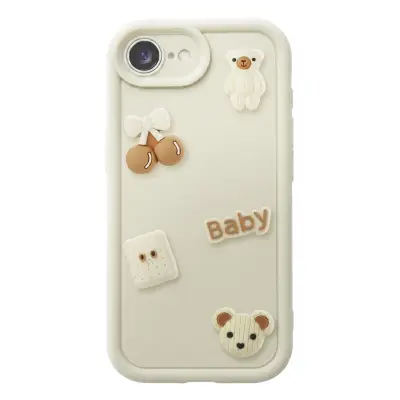 Ovitek za iPhone 17e s 3D Kawaii Medvedki in Dvignjenim Robom, Bež
