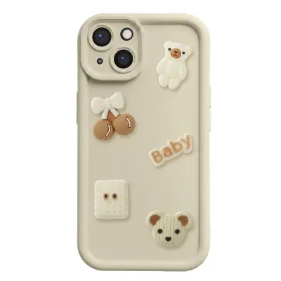 Ovitek za iPhone 13 s 3D Kawaii Medvedki in Dvignjenim Robom, Bež