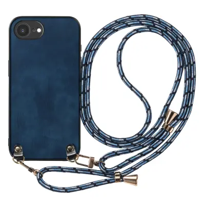 Etui za iPhone 17e videz vintage usnja z nastavljivo vrvico, Nočno modra