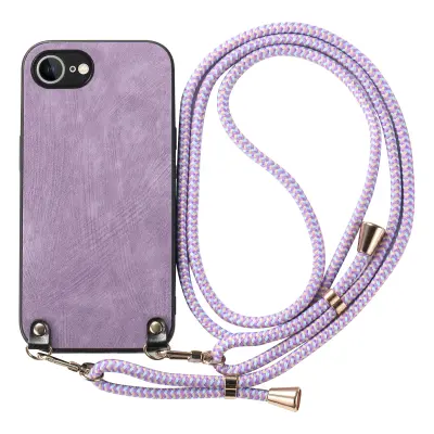 Etui za iPhone 17e videz vintage usnja z nastavljivo vrvico, Vijolična